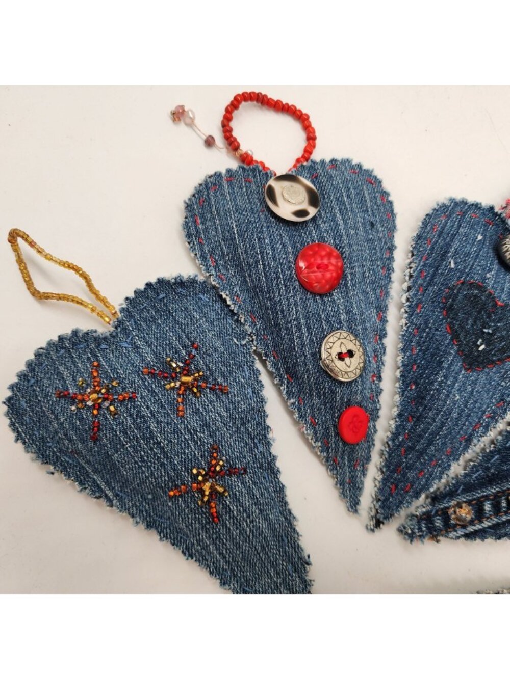 Denim Hanging Heart Ornaments Embellished Buttons Beads Embroidery Handmade - Picture 2 of 6